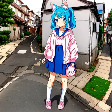 kawaii anime girl standing on a off street in kawaii anime