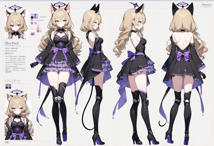 1 woman 180cm tall. (character design sheet: front view, back view). Dark blonde long hair, slim build, wavy hair with hip length curls, has a short central tuft, She has two short braids on the left and right side over her shoulders.  He has black serval ...