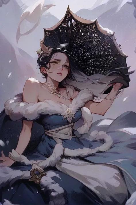 A girl with white hair in a blue dress lies in the snow 