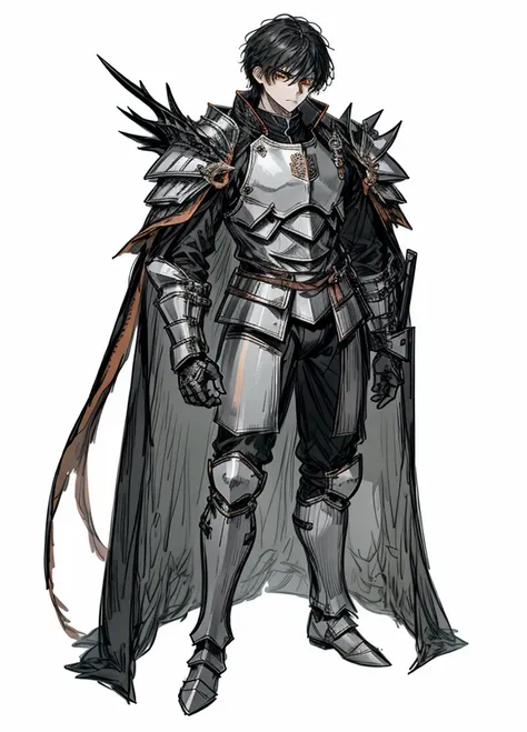 1boy ,black hair, orange eyes,armor, well-muscled man, nice clothes, cloak, templar knight (high resolution, high detail, best q...