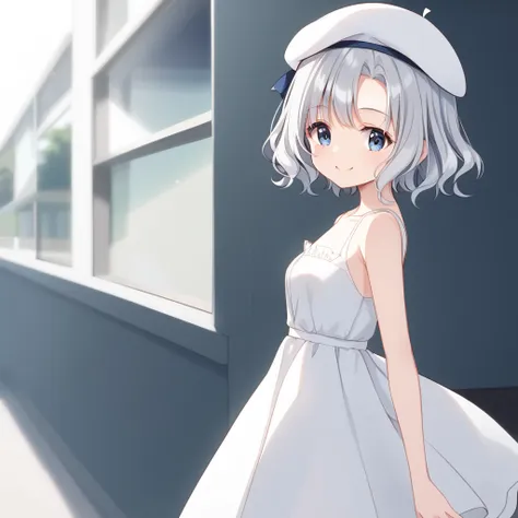 ((high quality,最high quality,8K,Best image quality)),Girl ri:1.1,(Silver Hair:1.2),cute,(Wavy Hair:1.2),(Very Short Hair:1.3),(Long sideburns:1.3),(Dark blue eyes:1.1),(White large one-piece dress:1.3),(smile:1.1),Strong winds,Transparency,(Small white ber...