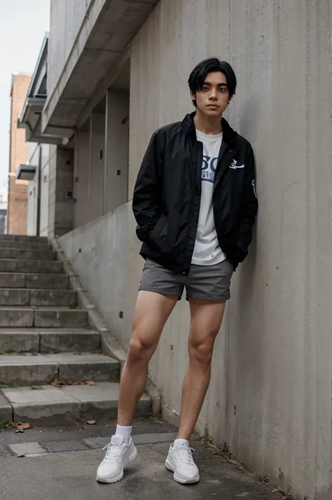 Anime The mans legs have black hair in the middle, white eyes, black and white, blue jacket, black shorts, gray shoes 