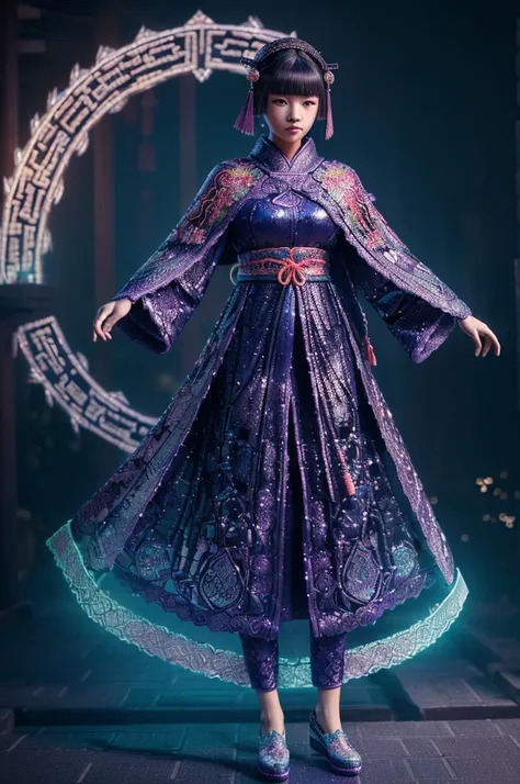 during night,Full body,GenshinImpact:Raiden General,(((Wearing fluorescent fabric:harem outfit,Suzhou embroidery techniques:Lace sequin cloak woven with featherbrick glow, masutepiece,Best Quality,Highly detailed 3DCG, Cinema-4D ,8K,Photorealistic， ( ##The...