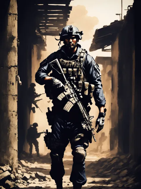 detailed soldier in navy seal uniform, tactical military gear, ready for infiltration, gritty and grungy military environment, d...