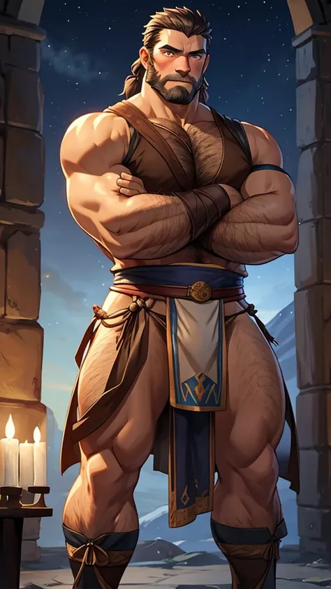 male, (mature daddy medival warrior), (transparent loincloth), handsome, muscular, hairy, (blush), (posture with arms crossed), middle aged man, homoerotic, Standing, realistic, night, delicate eyes, hairy legs