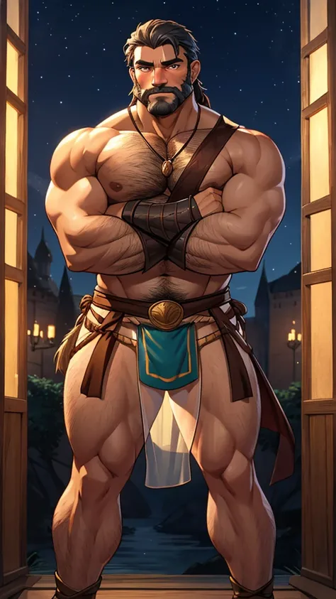 male, (mature daddy medival warrior), (transparent loincloth), handsome, muscular, hairy, (blush), (posture with arms crossed), middle aged man, homoerotic, Standing, realistic, night, delicate eyes, hairy legs