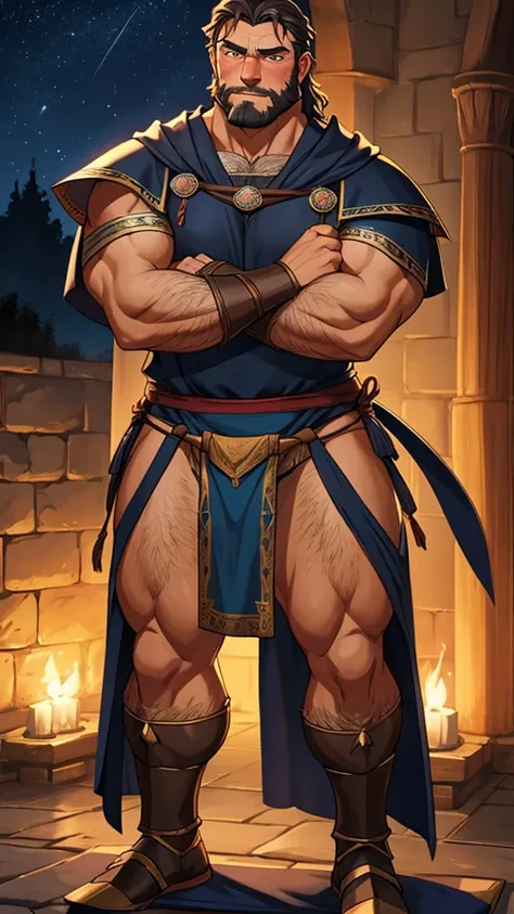 male, (mature daddy medival warrior), (transparent loincloth), handsome, muscular, hairy, (blush), (posture with arms crossed), middle aged man, homoerotic, Standing, realistic, night, delicate eyes, hairy legs