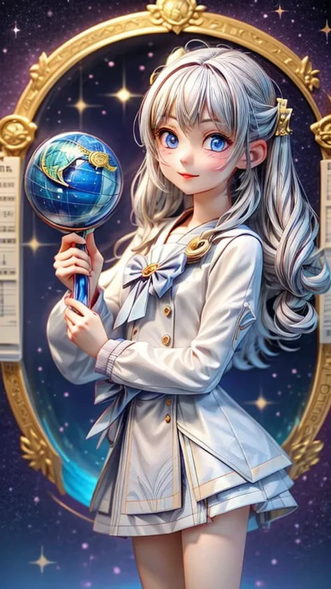 young astrologer girl、divining the customer、crystal jade、astrology chart、silver hair、blue eyes、celestial globe、