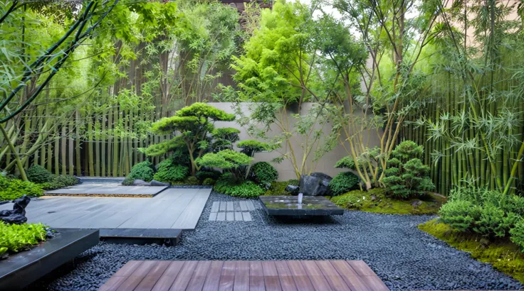 huayuanv3,this picture shows a zen style garden landscape. the garden has a tea table, surrounded by pine trees and rows of bamb...