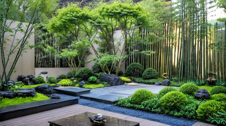 huayuanV3,this picture shows a zen style garden landscape. The garden has a tea table, surrounded by pine trees and rows of bamboo. The whole scene gives a simple and natural feeling