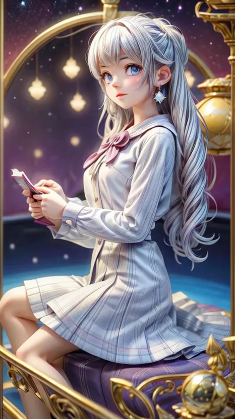 a young female astrologist, reading fortune, crystal ball, astrological chart, silver hair, blue eyes, celestial sphere