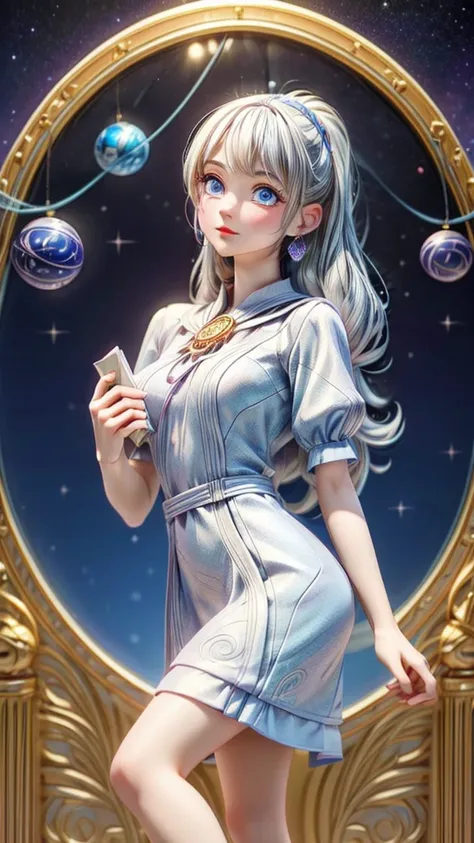 a young female astrologist, reading fortune, crystal ball, astrological chart, silver hair, blue eyes, celestial sphere, beautif...