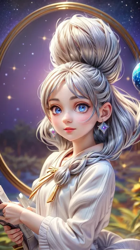 a young female astrologist, reading fortune, crystal ball, astrological chart, silver hair, blue eyes, celestial sphere, beautif...