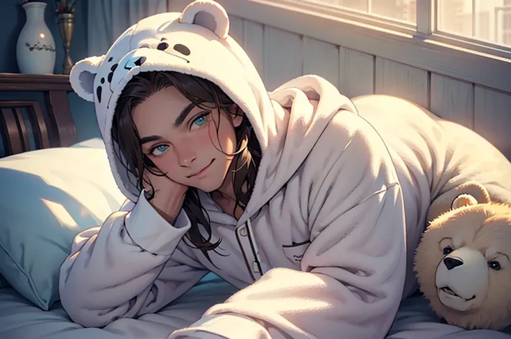 carved face), muscular boy .extremely detailded eyes, perfect lighting, broad detail, detailded, deep skin,texturized skin, ,polar fleece suit ,white bear costume , long sleeves, hood,,malva , long hair, greeneyes, great smile,on the  bed ,sitting between ...