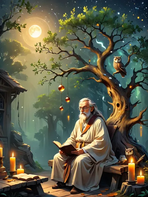 Create an image of an old astrologer，Personifying the abstract concept of wisdom，Depicting an old oak tree with deep roots and leaves，Represents the depth and breadth of knowledge，An old Caucasian astrologer in a robe is sitting on a rustic wooden bench ne...