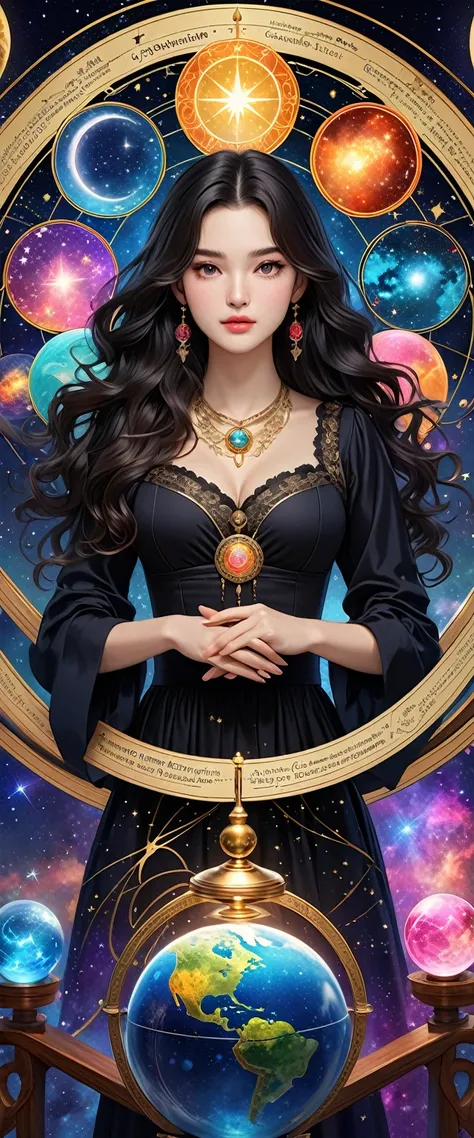 最Highest quality, Highest quality, 16K, Unbelievably absurd, Very detailed, 2.5D, delicate and dynamic, , formal, universe space, Night Sky, Crescent Moon, constellation, Gorgeous nebula, meteor, , Tarot Cards, Giant magic circle, A complex magic circle, C...