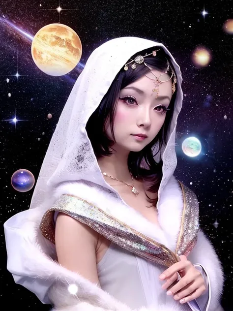 1 Girl, solo, (astrologer), (Circlet),White costume mysterious, Fantasy, grace, Calm, Silence, intellectual, ancient, Beyond time and space, dream, aura,
Dark eyeshadow, Star shaped glitter, Sparkling Highlights, Rich Lip Color, Smokey Eye, Mysterious Eyel...