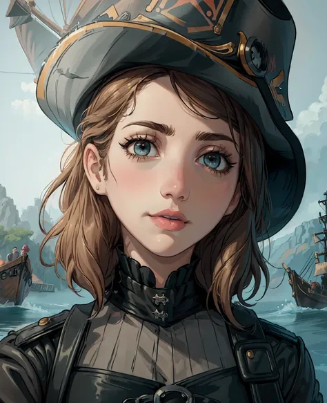 a pirate woman, emily rudd, detailed facial features, beautiful eyes, detailed lips, long eyelashes, intricate pirate costume, l...