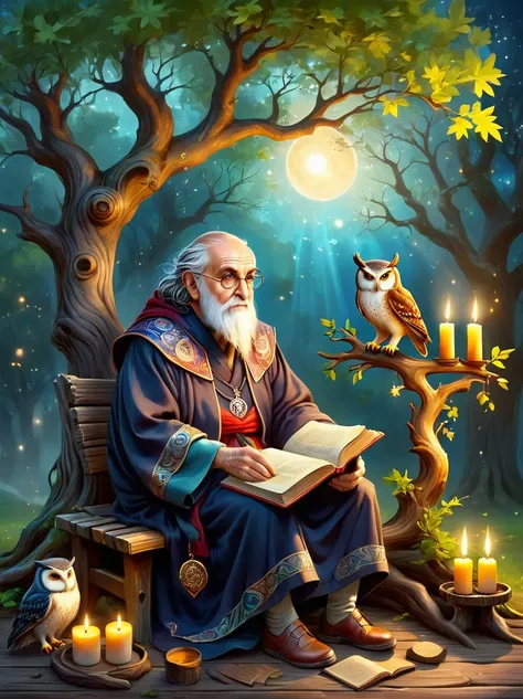 astrologer old man，personifying the abstract concept of wisdom，depicting an old oak tree with deep roots and leaves，represents t...