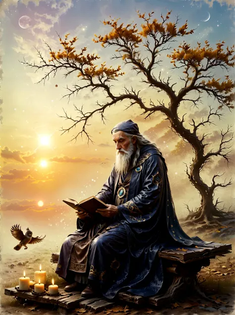 astrologer old man，personifying the abstract concept of wisdom，depicting an old oak tree with deep roots and leaves，represents t...