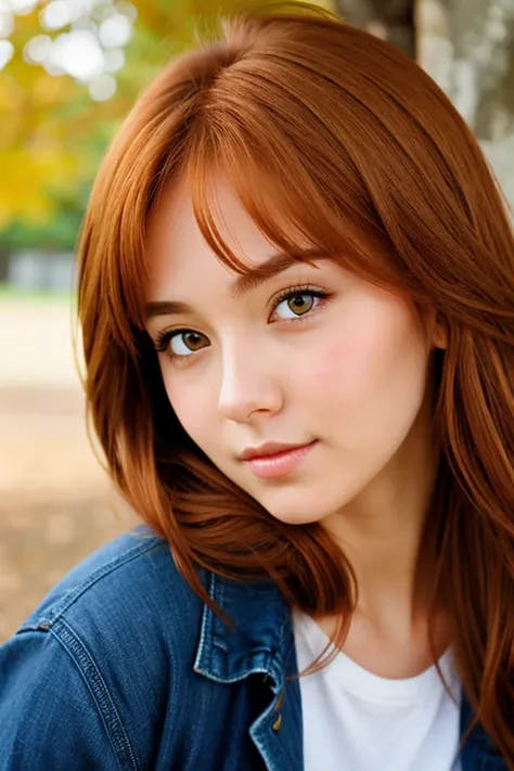 A girl with fair skin amber eyes and auburn hair

Anime style