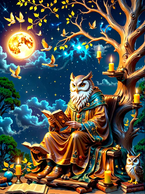 astrologer old man，personifying the abstract concept of wisdom，depicting an old oak tree with deep roots and leaves，represents t...