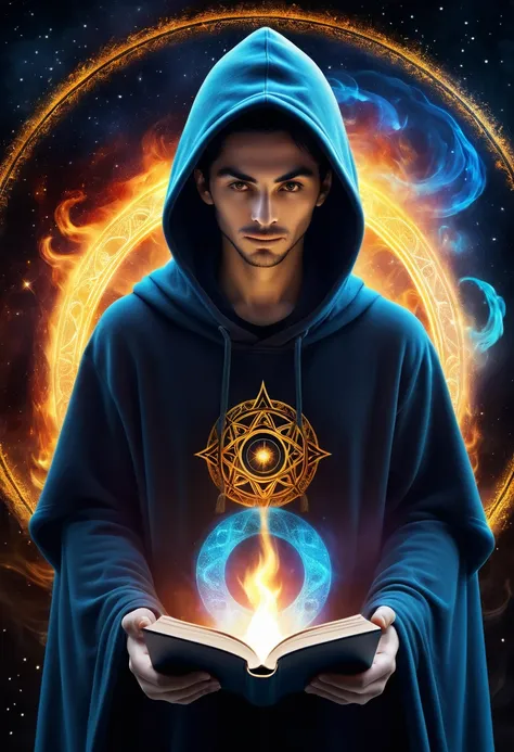 an astrologer, hoodie cloak, dark aura, opened magi book, ethereal, four element blended, hihg resolution art photographic, digi...