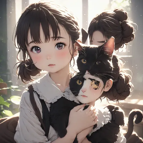 best quality、black catを抱く女の子、cute 14 year old girl、brown hair tied into a bun、black cat、natural appearance、long shot、natural lig...