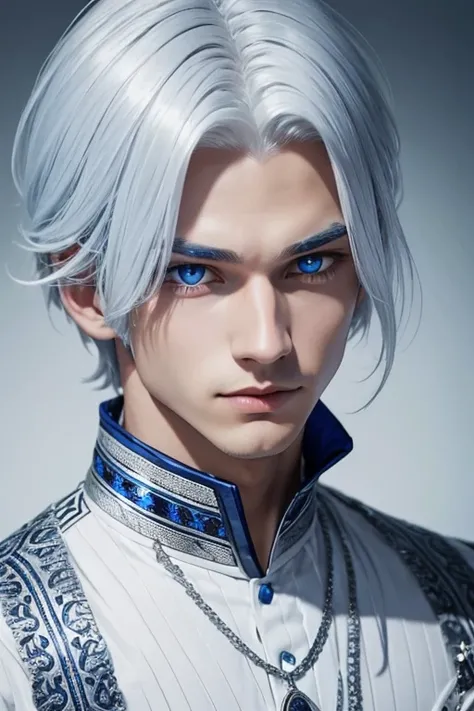 Boy with silver white hair and sapphire blue eyes