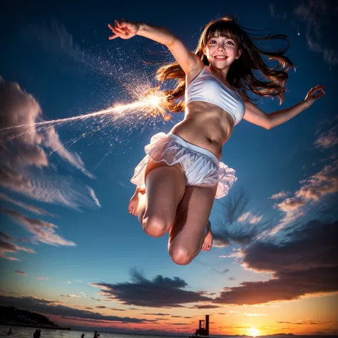 ((ExtremelyDetailed ( KAWAII Girl Floating:1.37) in WHITE at Dusk Enoshima Beach)), (masterpiece 8K TopQuality) (ProfessionalPhoto:1.37), {(Standing Full Body:1.2)|(from below:1.2)}, Different types of hair colors, {(White skinny(School Swimwear))|(SchoolU...