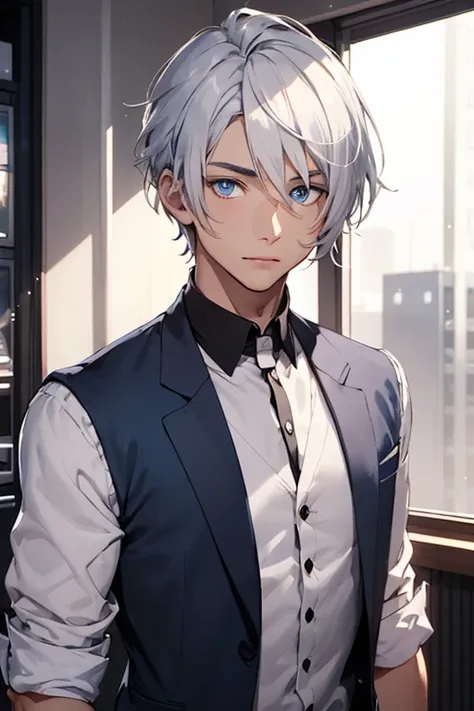 Handsome boy with short silver white hair and blue eyes