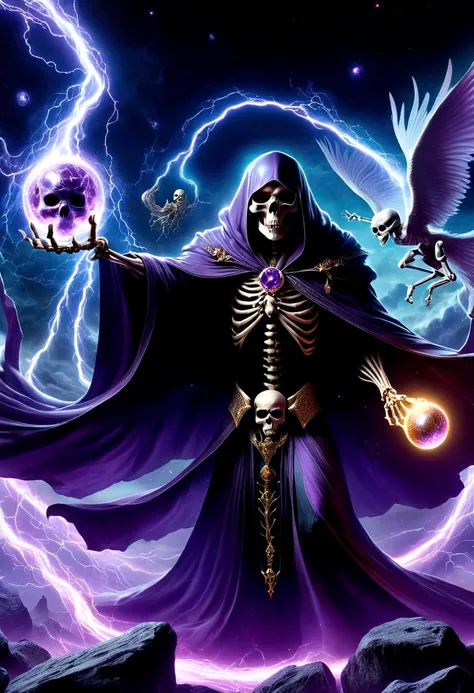 Dark Rune Skeleton Lich, Black Gold Skull, magic void energy, Glowing eyes, Death Lightning, death energy ball floating on its Bone Hand, Casting a Spell, Energy Splitting, Bone Hand, Wearing a luxurious cloak, Astral Skull Floating, Land and rocks float w...