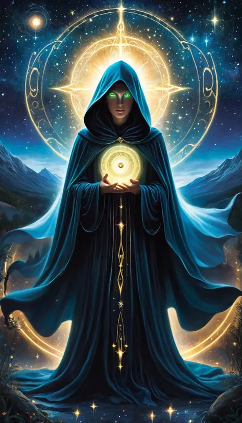 Create a captivating and mystical image featuring a cloaked figure with luminescent eyes, divining secrets from the stars.