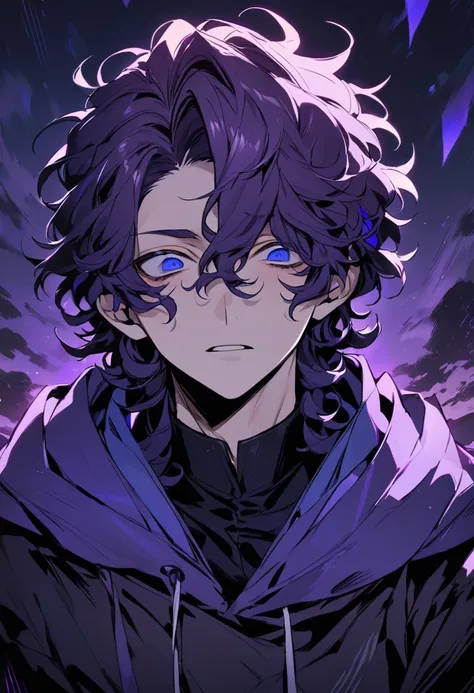 (high-quality, breathtaking),(expressive eyes, perfect face) 1male, male , solo, teenager, short hair length, wavy curly hair, messy hair, Dark de-saturated purple hair, very dark color, curly hair, super short, Silver eye color, mature, haunting twilight ...