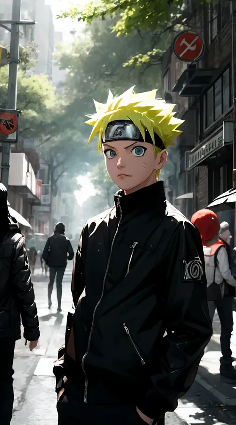 masterpiece, superb style, streewear chothes, outdoor forest , half body, uzumaki naruto, blue eyes, short yellow hair,a boy, ra...