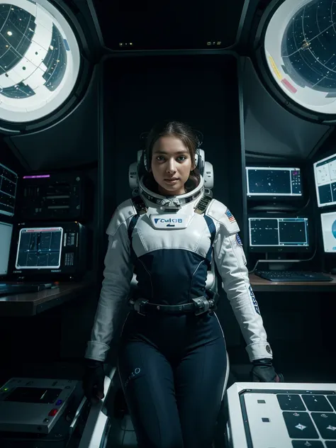 superb quality, a female astrologer in sapcesuit, extravehicular mobility unit, floats around inside a spacelab surrounded with ...