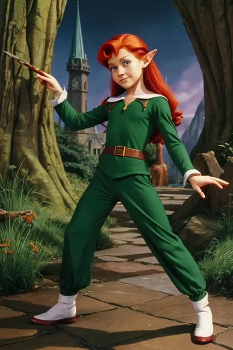 a redhead cartoon character dressed in a green outfit, leotard, young half elf wizard, a young male wizard, half-elf time wizard, granny weatherwax, 1980s cartoon, animated episode still, norman rockwel, witch academia, portrait of a young elf wizard, tiny...