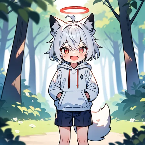 （masterpiece：1.2，high quality），8K，High resolution，A seven-year-old boy，cute boy，white hair，short hair，crossed bangs，red eyes，slit pupils， ahoge，cat ears，laughing，skin fang，red halo，Wearing a white hoodie，Dark blue shorts，Stand in the forest，There are flowe...