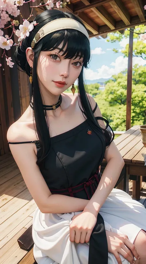 yor, Mature female,  bangs, side locks, Red eyes, Black hair, hair adornments，sportrait, (face:1.2), schoolgirls, ssmile,bare shoulders​, Black hair, cherry blossom, cleavage, (gown:1.21), clavicle, Willow Branch, (masterpiece best quality :1.2),