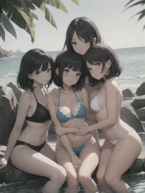 ｈigh resolution。High resolution、Low - Angle、masterpiece、Beautiful black-haired girls、cute、white micro bikinis、Girls huddling together、A girl with long hair and a girl with short hair、Dark Eyes、Bright smile、White teeth、Black shiny hair、color々Pause、Wet black...