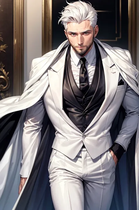 (best quality, masterpiece), male, old, white hair, short hair, short beard, muscular, white suit, black tie, white cape