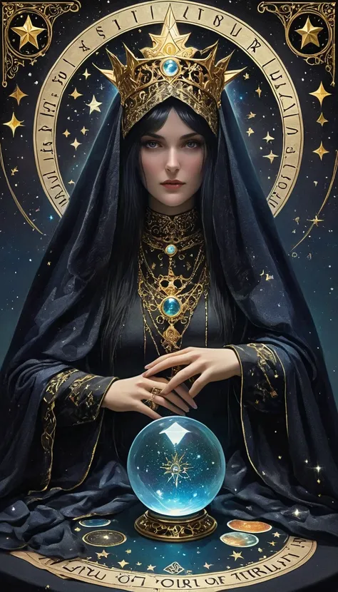 a ornate tarot card, a robed astrologer sat quietly at a table full of symbols and holding a crystal star-chart-ball, with a tex...