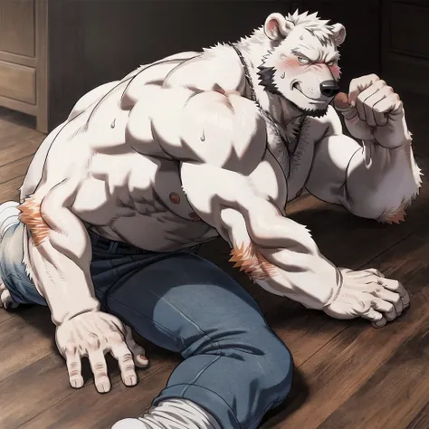 laying flat on floor well built polar bear dad t pose , naked white briefs jeans  , detailed white feet five toes  with white  sock,  profile, evil smirk blush sweating , kemono , high quality  , by rossciaco  ,