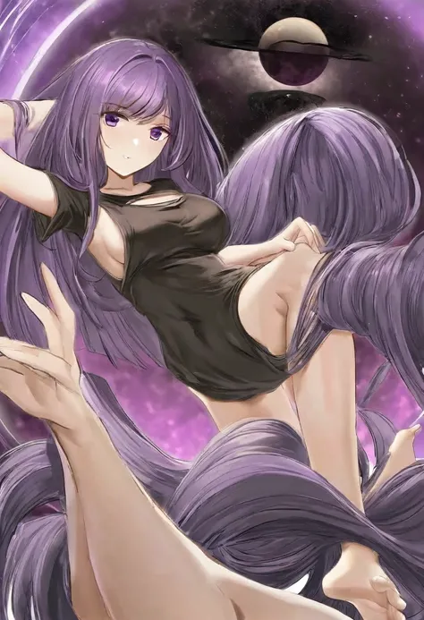 Athena，Extra long purple hair，Purple Eyes，Black one-piece dress，The long jumpsuit is very sexy，barefoot，A black hole in the background universe，Purple black hole please，This time the drawing is better and the proportions of the characters are more normal.，...