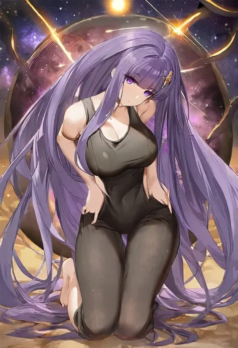 Athena，Extra long purple hair，Purple Eyes，Black one-piece dress，The long jumpsuit is very sexy，barefoot，A black hole in the background universe，Purple black hole please，This time the drawing is better and the proportions of the characters are more normal.，...