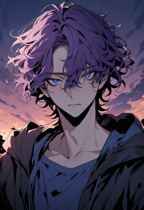 (high-quality, breathtaking),(expressive eyes, perfect face) 1male, male , solo, teenager, short hair length, wavy curly hair, messy hair, Dark de-saturated purple hair, very dark color, curly hair, super short, Silver eye color, mature, haunting twilight ...