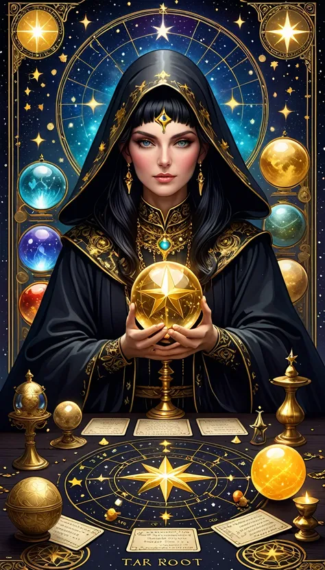 a ornate tarot card, a robed astrologer sat quietly at a table full of symbols and holding a crystal star-chart-ball, with a tex...