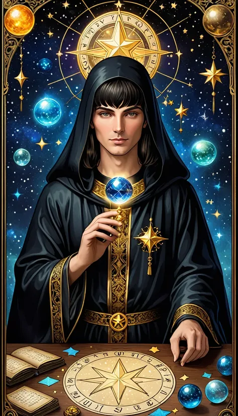 A Ornate Tarot Card, a robed astrologer sat quietly at a table full of symbols and holding a crystal star-chart-ball, with a text at the bottom of the card, close on face, tarot card, extremely high quality for texture, front and two sides, its full of mys...