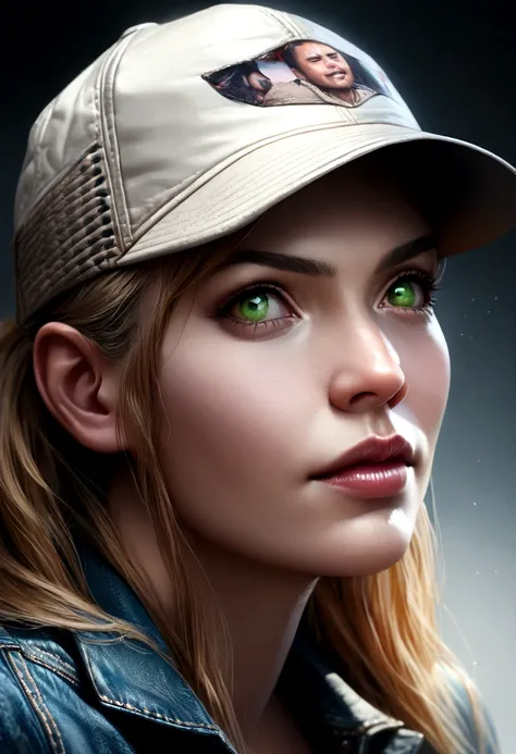 a princess, blue jean dress, trucker details, baseball cap, angry expression, blonde hair, green eyes, extremely detailed face and portrait, beautiful detailed eyes, beautiful detailed lips, 1 girl, digital art, highly detailed, photorealistic, sharp focus...