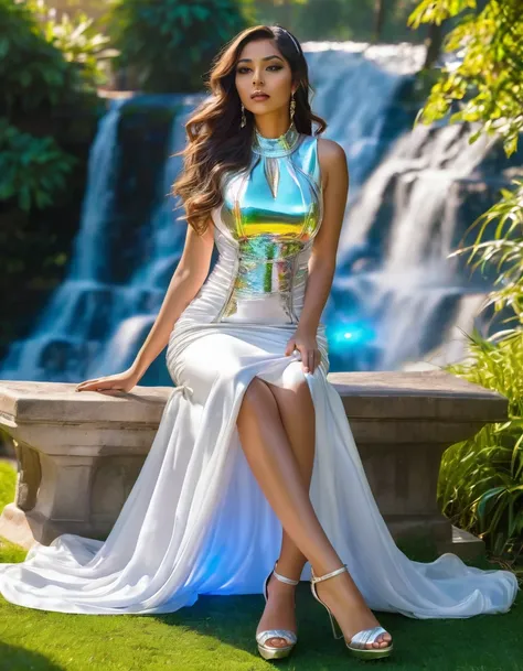 high angle face look into viewer, elegant move sitting on the iron park bench grass ground near the holographic translucent sunlight reflection cascade waterfall city,long flown hair ,fat front and big hips shape flawless make up arabian look goddess ,whit...